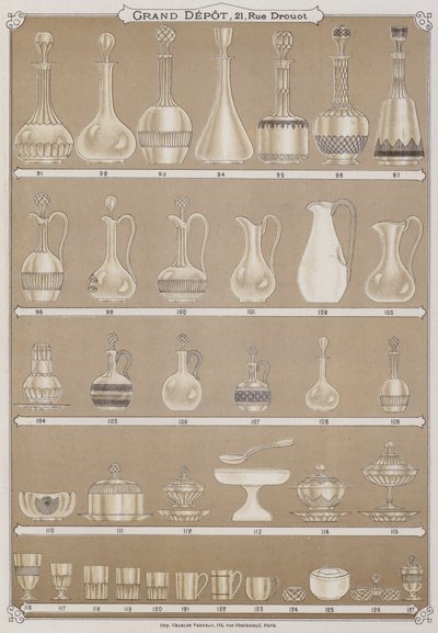 Side fra kataloget over Grand Depot de Porcelaines, Faiences et Verreries (farve litho) af French School