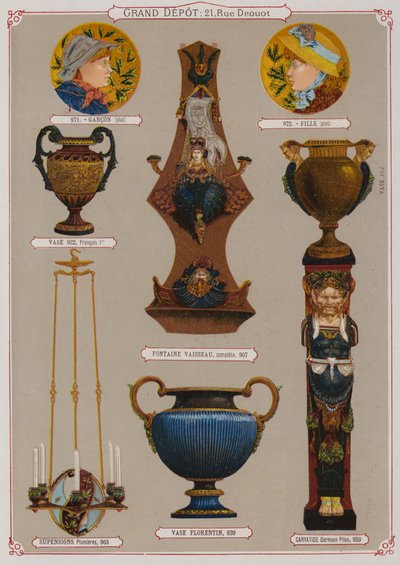 Side fra kataloget over Grand Depot de Porcelaines, Faiences et Verreries (farve litho) af French School