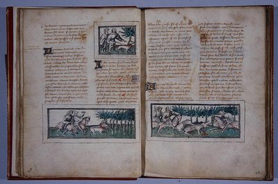 Side 57 og 58, fra Le Livre du Roy Modus et de la Royne Racio, af Henri de Ferrieres, ca. 1420 (pen & blæk og wc på papir) af French School