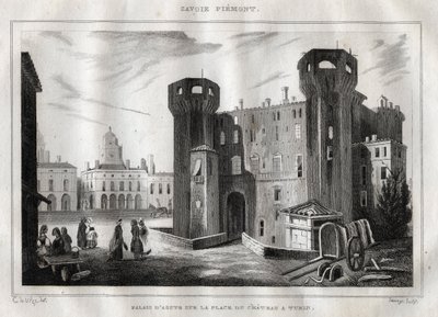 Paladset i Aosta på Place du Chateau i Torino - Indgravering fra "" Italy Picturesque"" - Historisk og beskrivende maleri af Italien" af M. de Norvins, Ch. Nodier 1834-1836. af French School