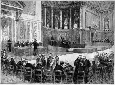 Palais du Luxembourg i Paris: valg den 30. januar til valg af senatorer fra departementet Seinen. Stående genkendes stolen i den ene hånd som Victor Hugo (1802-1885), politiker. Gravering i "" L