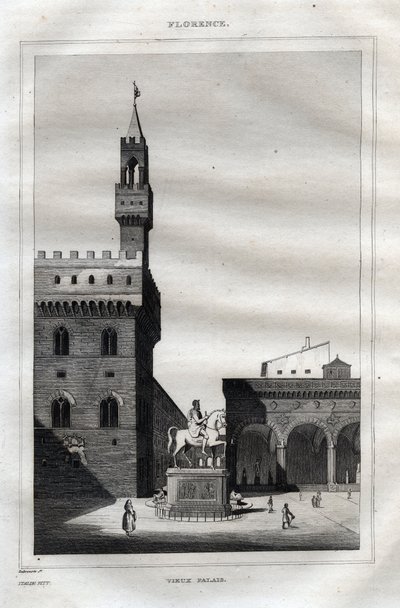 Palazzo vecchio i Firenze - Piazza della Signoria - Gravering fra "" Det maleriske Italien" - Historisk og beskrivende maleri af Italien" af M. de Norvins, Ch. Nodier 1834-1836. af French School