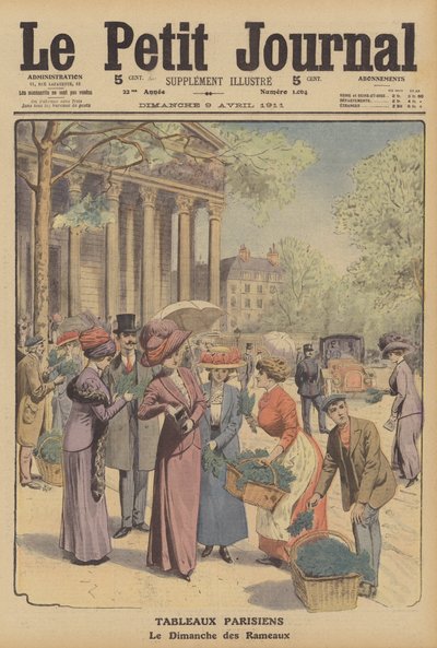Palmesøndag i Paris (farve litho) af French School
