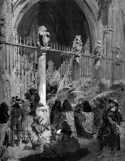 Palmesøndag i Spanien: salg af benitpalmer foran katedralen i Toledo. Indgravering af Jomfruen i "" The Illustrous World"" nr. 1200 af 27. marts 1880. af French School