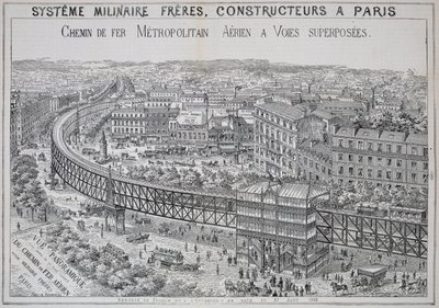 Panoramaudsigt over den overjordiske metro i Paris, illustration fra Le Metropolitain, maj 1885 af French School