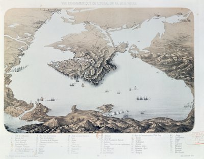 Panoramaudsigt og plan over Sevastopol og Sortehavskysten på tidspunktet for Krimkrigen, 1855 af French School