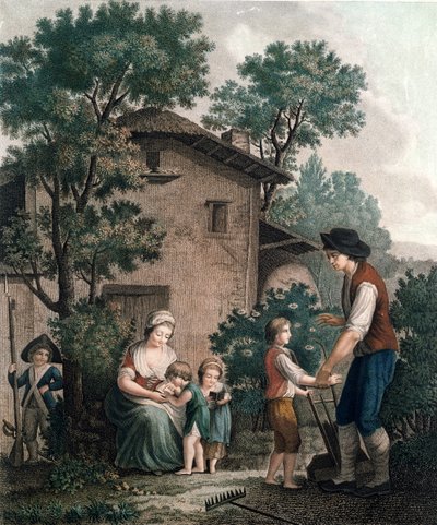 Forældre er de rigtige lærere, slutningen af det 18. århundrede (farvegravering) af French School