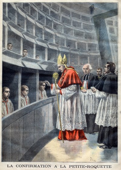 Paris - Prison de la Petite Roquette (fængsel for kvinder og unge) - Konfirmation på La Petite-Roquette - Mrg Richard, ærkebiskop af Paris illustration af Meaulle, Fortune Louis (1844-1901) i "Le Petite Journal", november 1896- Religiøst bekræftelse af French School