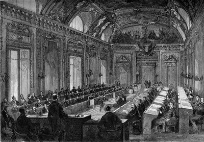 Paris, 4. august 1871: første møde i kommunalbestyrelsen i tronsalen i Palais du Luxembourg. Indgravering i "" Le Monde Illustré"" nr. 748 af 12. august 1871. af French School