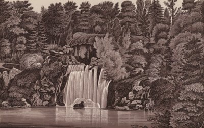 Paris: Bois de Boulogne vandfald (litho) af French School