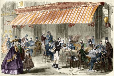 Paris i det 19. århundrede. Boulevard des Italians i 1859: udenfor cafeen Helder klokken fem om aftenen. af French School