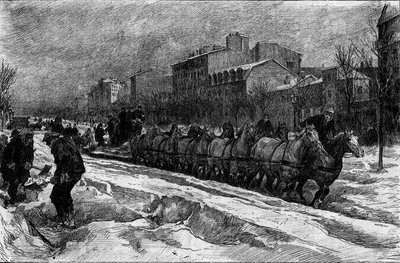 Paris under sneen, vinteren 1879-1880: isploven (snejagten) på Boulevard Montparnasse. Indgravering i "" Le Monde Illustré"" nr. 1188 af 3. januar af French School