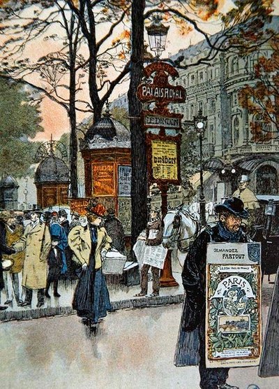 Parisisk gadebillede nær metrostationen Palais-Royal, ca. 1900 (farve litho) af French School