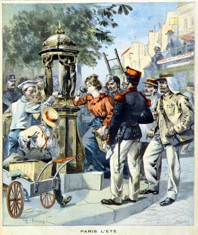 Parisere drikker omkring en Wallace-fontæne - i "Le Petit Journal" af 19/08/1900 (gravering) af French School