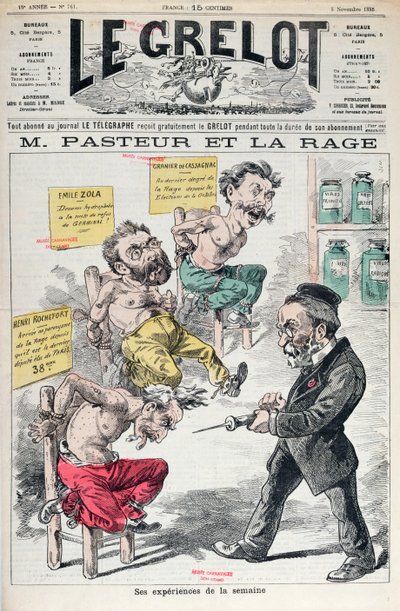 Pasteur og Rabies, karikatur af Louis Pasteurs eksperimenter (1822-95) fra Le Grelot, 8. november 1885 af French School