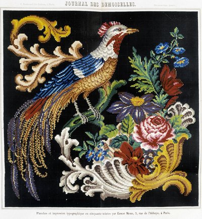 Mønster til korsstingsbroderi (paradisfugl) - i "" Journal des Demoiselles"" 1852. af French School