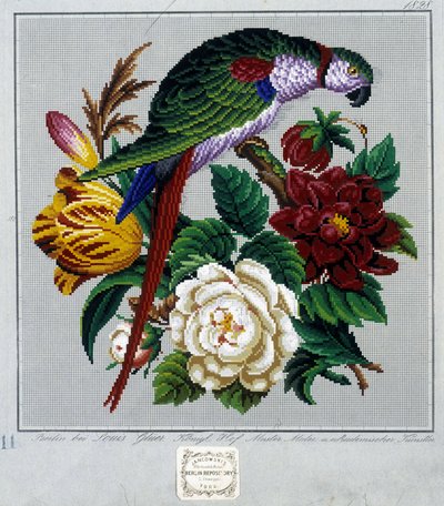 Mønster til korsstingsbroderi (papegøje) - i "" Journal des Demoiselles"" 1852. af French School