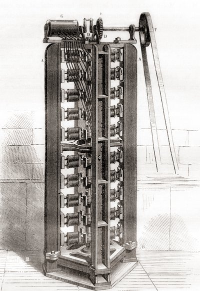 Paul-Gustave Froments vertikale elektromotor, ca. 1844, fra Les Merveilles de la Science, udgivet ca. 1870 (gravering) af French School