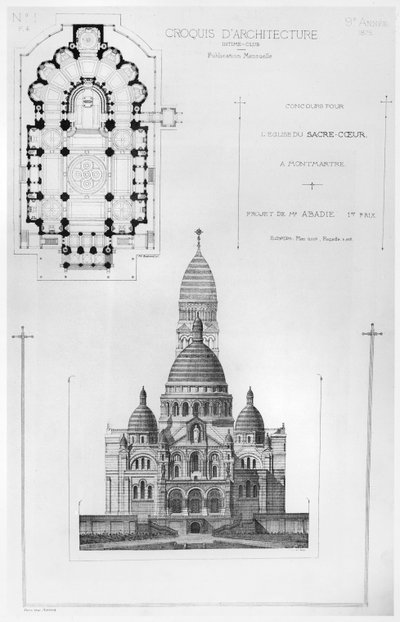 Paul Abadies vandt design i konkurrencen om design af Sacré-Coeur i Montmartre, fra Croquis dArchitecture, 1875 af French School