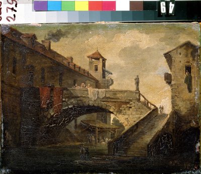 ""Landskab i en fransk landsby"" Broen og floden i en populær bydel. Fransk skolemaleri. Det tidlige 18. århundrede Mikhail Kroshitsky kunstmuseum, Sevastopol (Sevastopol) Ukraine af French School