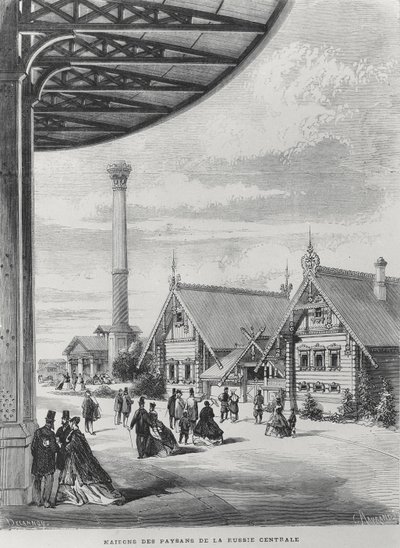 Bondehuse ved den russiske pavillon ved Exposition Universelle i 1867 (litho) af French School