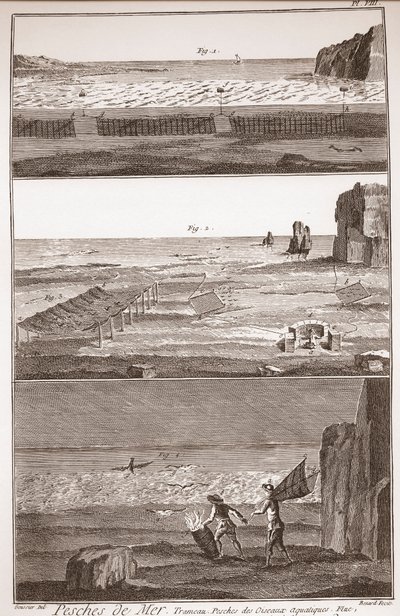 Peche de Mer - Trameau - Vandfuglefiskeri - "" The Great Encyclopedia, eller Dictionnaire Raisonne des Sciences, des Arts et des Metiers" (Encyclopedia or Dictionary of the Sciences, Arts and Professions) af Denis Diderot (1713-1784) og Jean d. 