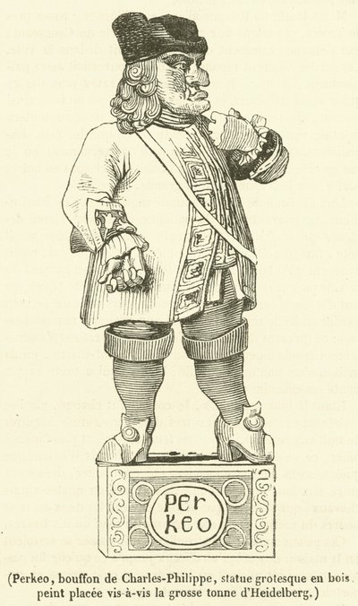 Perkeo, nar af Charles-Philippe, grotesk statue i malet træ placeret overfor det store ton Heidelberg (gravering) af French School