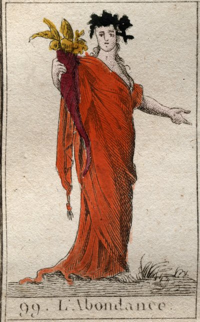 Personificering af overflod, med et horn af overflod. Personificering af overflod, holder et overflødighedshorn. Fra "Mythology of Youth" af Pierre Blanchard 1803. af French School