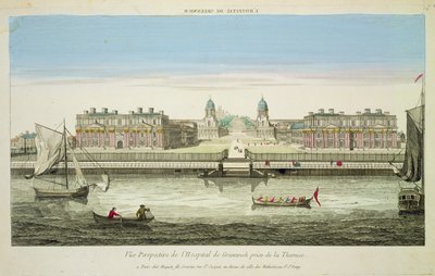 Perspektiv udsigt over Greenwich Hospital på Themsen, indgraveret af Huquier (farvegravering) af French School