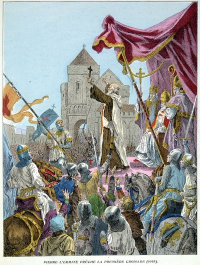 Eremitten Peter prædiker det 1. korstog i 1095 af French School