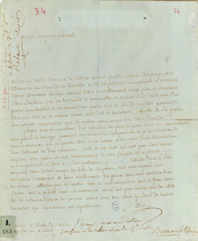 Andragende af Aldonze Safe for beskæftigelse, 1794-95 (pen og blæk på papir) af French School