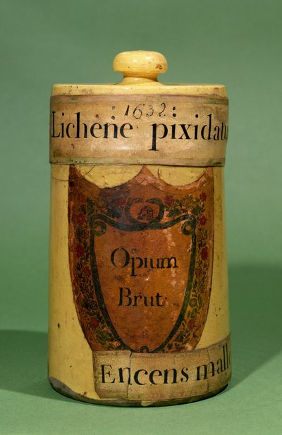 Farmaceutisk krukke til opbevaring af rå opium, 1632 (keramik) af French School