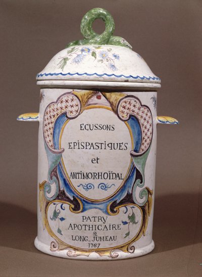 Farmaceutisk krukke fra Patry-apotekeren i Longjumeau, 1767 (keramik) af French School