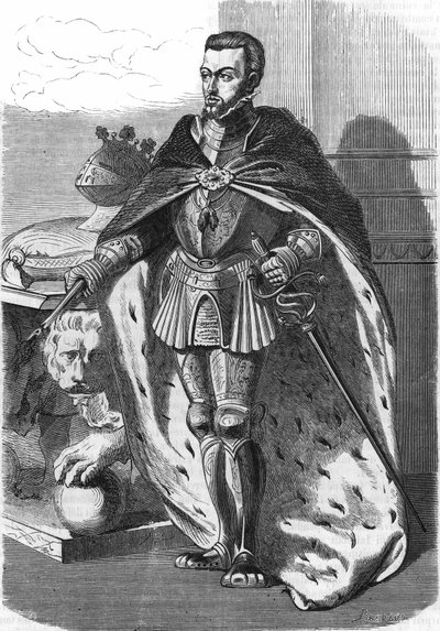 Filip II (1527-1598), konge af Spanien. I ""Popular History of France"", nd. ca. 1885. Stik. af French School