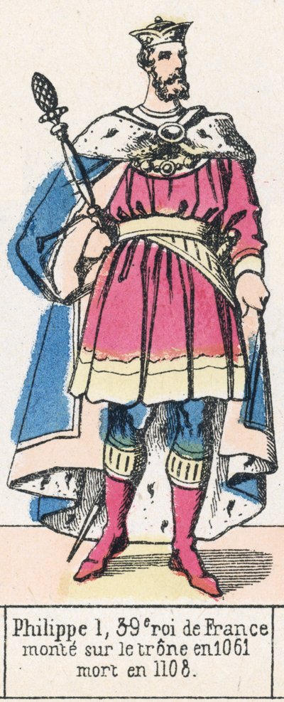 Philippe 1, 39. konge af Frankrig, besteg tronen i 1061, døde i 1108 (farvestik) af French School