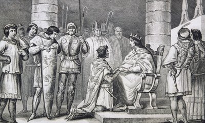 Philippe VI (1293-1350) de Valois hylder Edward III (1312-77) af England, men kun som hertug af Aquitaine, fra 