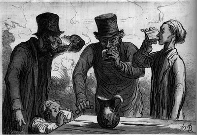 Drikkerens fysiologi: de fire aldre. Tegnefilm af Honore Daumier (1808-1879). Indgravering i "" Le Monde Illustré"" nr. 289 af 25. oktober af French School
