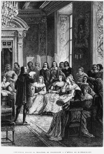 Pierre Corneille (1606-84) læser Polyeucte på Hotel de Rambouillet, ca. 1880 af French School