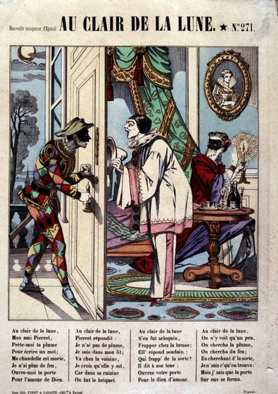 Pjerrot, Harlekin og naboen, ill. af sangen "Au clair de la lune", billede af Epinal af French School