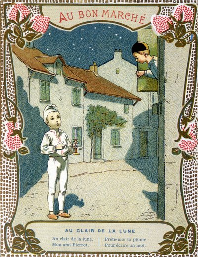 Pjerrot med stearinlyset, "" Au clair de la lune"" - etiket af "Le Bon Marché"" af French School