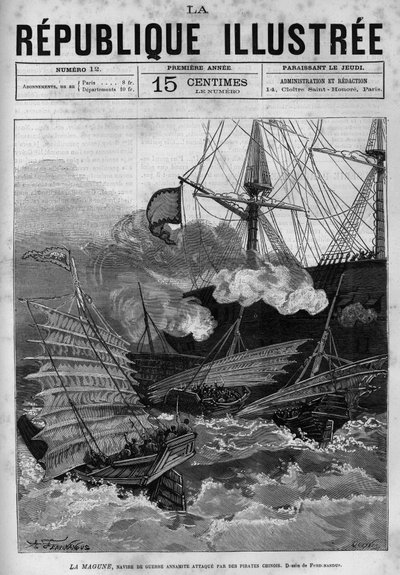 Piratkopiering: Annamit-krigsskibet ""La Magune"" angrebet af kinesiske pirater. En avis. Indgravering fra 1880 i "La republique illustree"" privatsamling. af French School