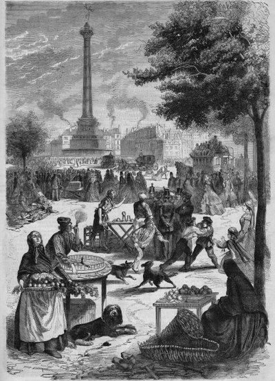 Place de la Bastille på en søndag i september. Stik efter skitse af Pignard fra 1865. af French School