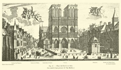 Place du Parvis i 1650, faksimile af en gravering af Van Merlen af French School
