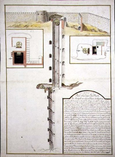 Plan og tværsnit af en brønd, ca.1700 (akvarel på papir) af French School