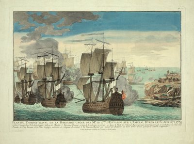 Grenada Naval Combat Plan vundet af Mr. Cte. D"Estaing på Admiral Byron den 6. juli 1779, pub. 1779 af French School