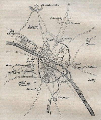 Plan over Paris under Philippe Auguste af French School