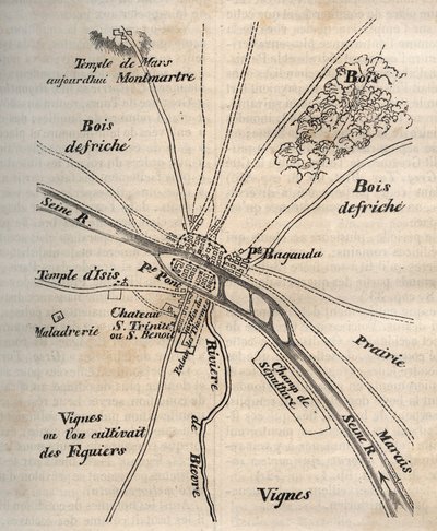Paris Plan under Merovingerne - Indgravering i "" Fysisk, civil og moralsk historie i Paris: fra de tidligste historiske tider til i dag" af Jacques Antoine Dulaure af French School