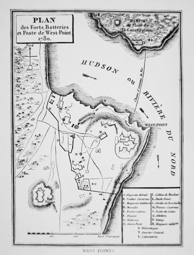 Plan of West Point, nøglefortet, som Benedict Arnold planlagde at levere til briterne under uafhængighedskrigen (litho) af French School