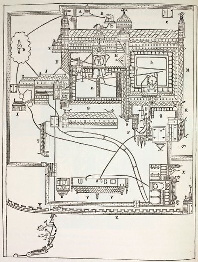 Plan over benediktinerklosteret i Canterbury i det 12. århundrede, fra militært og religiøst liv i middelalderen af Paul Lacroix, udgivet i London ca. 1880 af French School