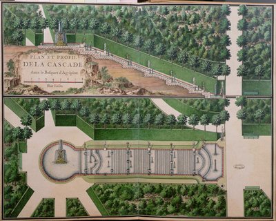 Plan over Cascade in the Grove of Agrippina, fra Gardens at Marly, begyndelsen af det 18. århundrede (wc på papir) (se også 163976) af French School